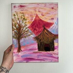 Handcrafted Original Art Whimsical Pink and Brown Landscape Painting